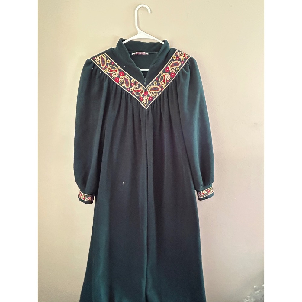 Vintage Vanity Fair Petite Lounge Embroidered Paisley Robe‎ Green L Cottagecore